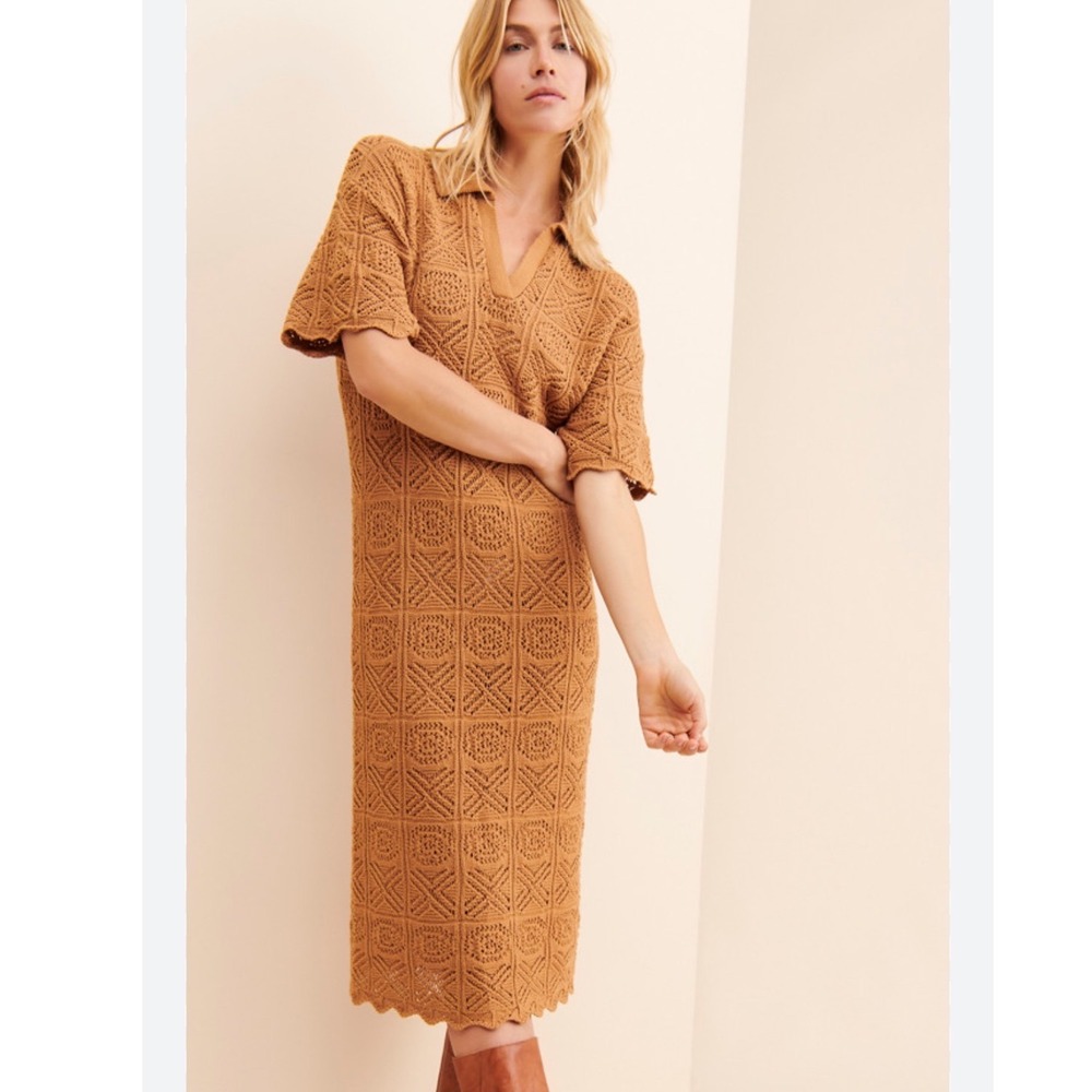 Callahan Knitwear Marg Brown‎ Crochet Polo Midi Dress Short Sleeve Cotton Medium